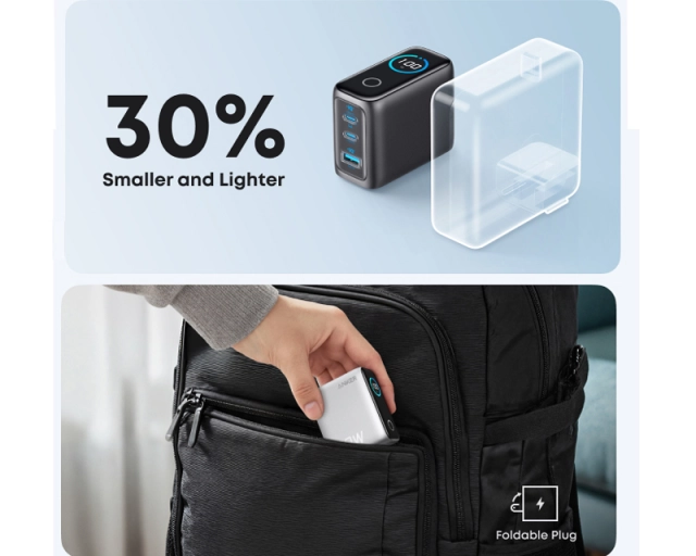 ANKER 100W GaN zidni brzi punjač, 3-porta (2x USB-C i 1x USB-A) sa USB-C M/M pletenim kablom, tamno sivi 