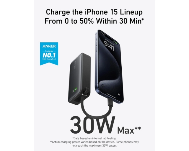 ANKER Nano 10000mAh, 30W, sa ugrađenim USB-C kablom, Power Bank crni 