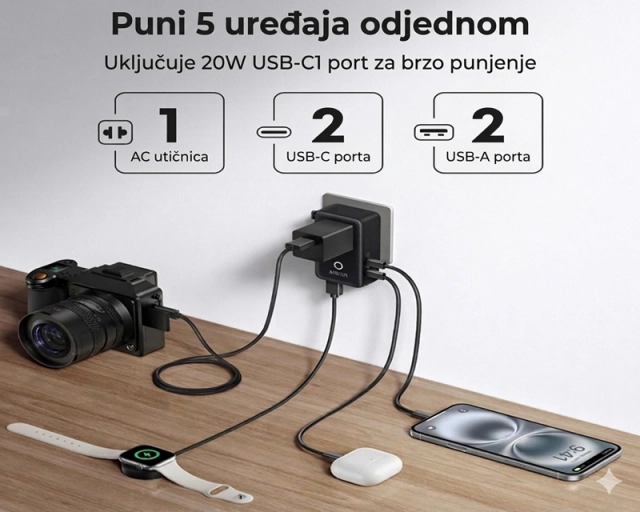 ANKER Nano 20W putni zidni punjač 5-portova (2x USB-A, 2x USB-C, utičnica EU na US, UK, AU i EU), crni  second image