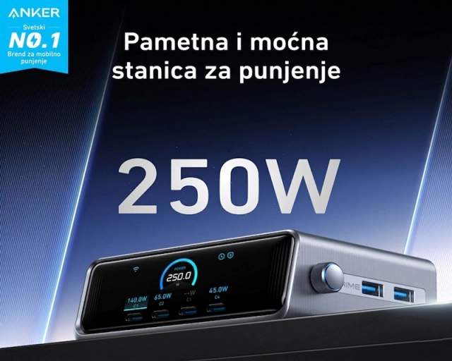 ANKER Prime 250W GaN stoni brzi punjač, 6-portova (4x USB-C, 2x USB-A) srebrni 