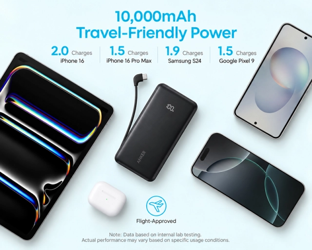 ANKER Zolo 10000mAh, 22.5W, sa ugrađenim USB-C kablom, Power Bank crni 