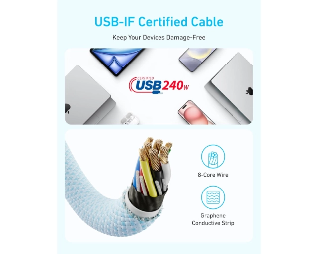 ANKER Zolo USB tip-C kabl M/M 1m, za Apple, super brzo punjenje 240W/480Mbps, pleteni, beli  second image