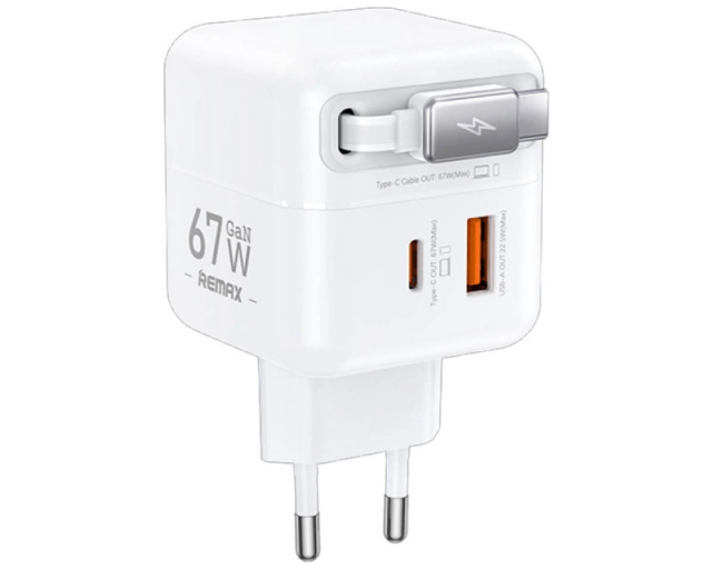 REMAX Strujni Fast teleskopski punjac Dolly GAN (1x USB Tip-A 3.0 +1x USB Tip-C) 67W, sa integrisanim USB Tip-C kablom 0.5m, beli 