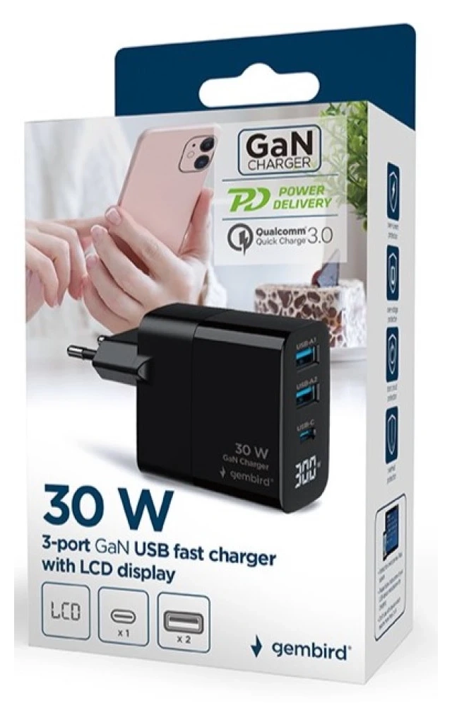 TA-UC-PDQC30LCD-BK-02 Gembird GaN USB brzi punjac, 30W 3-port (2xUSB-A+ USB-C) second image