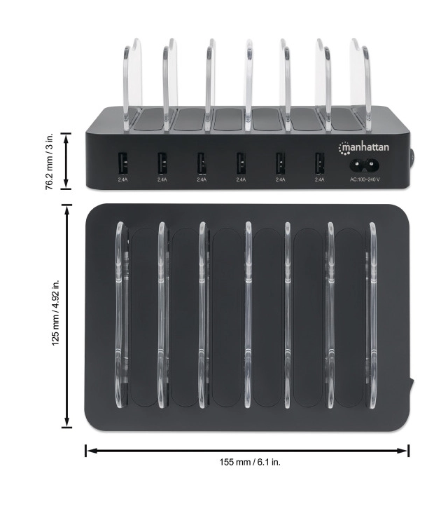 USB punjač 6-port Manhattan 102254 5V/2.4V/50W/držač za telefon Crni second image