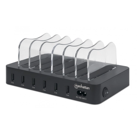 USB punjač 6-port Manhattan 102254 5V/2.4V/50W/držač za telefon Crni